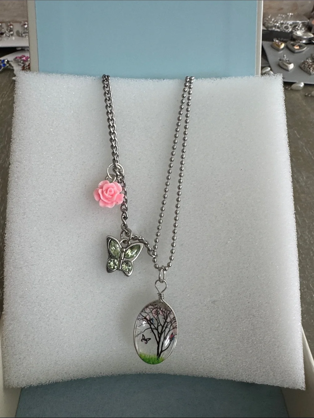 Silver-Tone Pink & Green Butterfly Pendant Necklace with Pink Rose Charm